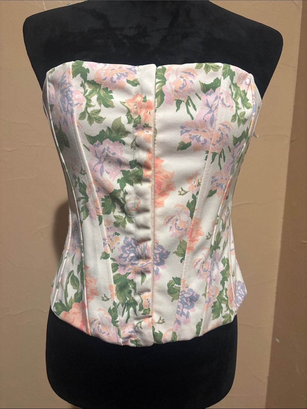Zara Floral Strapless Corset Top in Ivory with Pastel Accents